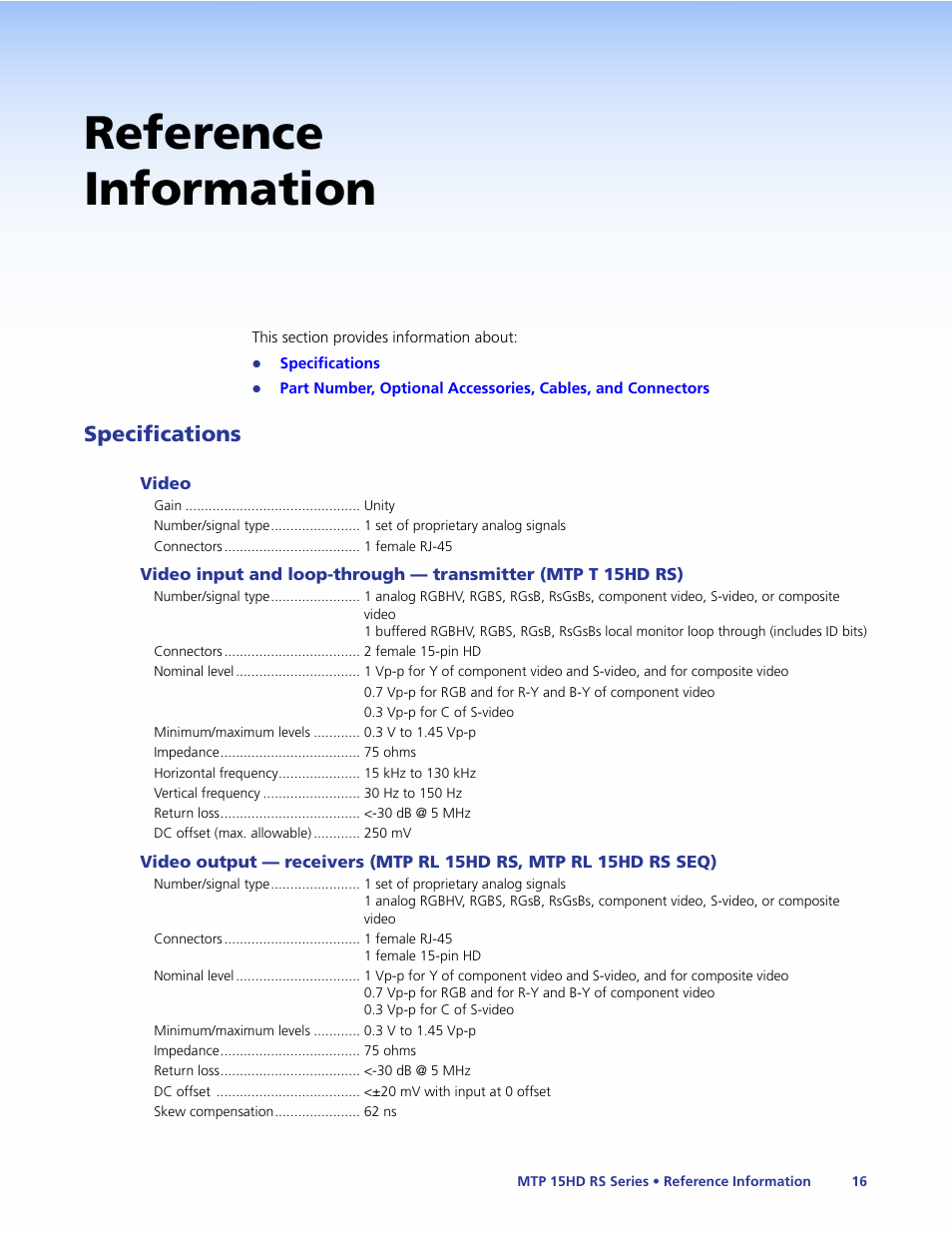 Reference information, Specifications | Extron Electronics MTP 15HD RS Series User Guide Rev. F User Manual | Page 20 / 26