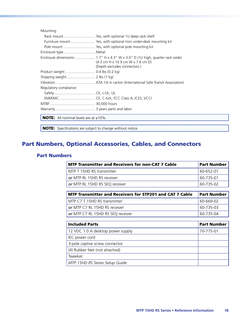 Part numbers, Part numbers, optional accessories, Cables, and connectors | Extron Electronics MTP 15HD RS Series User Guide Rev. F User Manual | Page 22 / 26