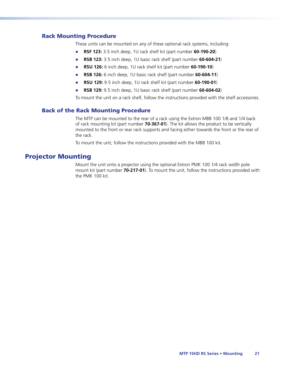 Rack mounting procedure, Back of the rack mounting procedure, Projector mounting | Extron Electronics MTP 15HD RS Series User Guide Rev. F User Manual | Page 25 / 26