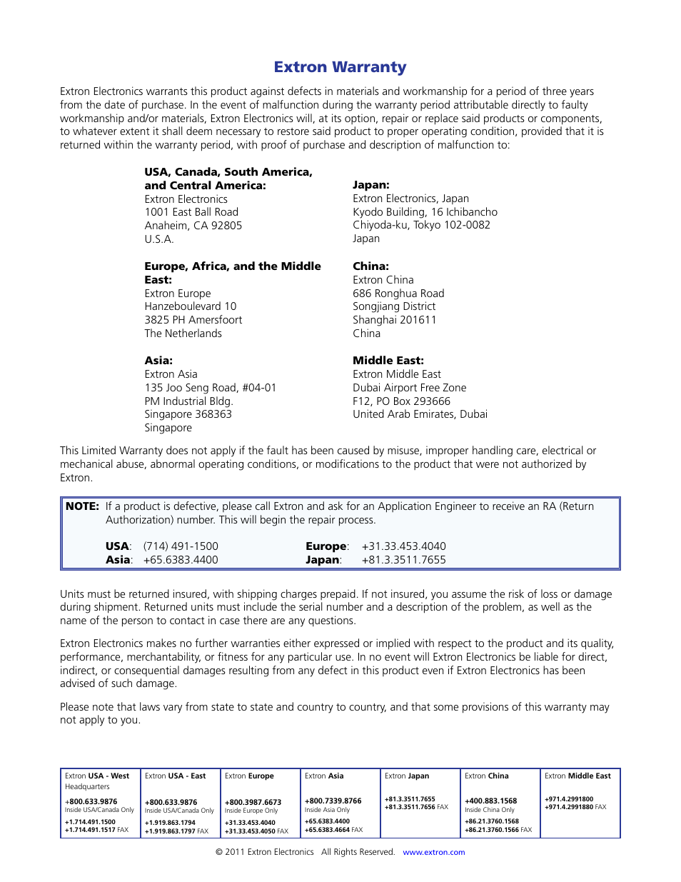 Warranty and contact information, Extron warranty | Extron Electronics MTP 15HD RS Series User Guide Rev. F User Manual | Page 26 / 26