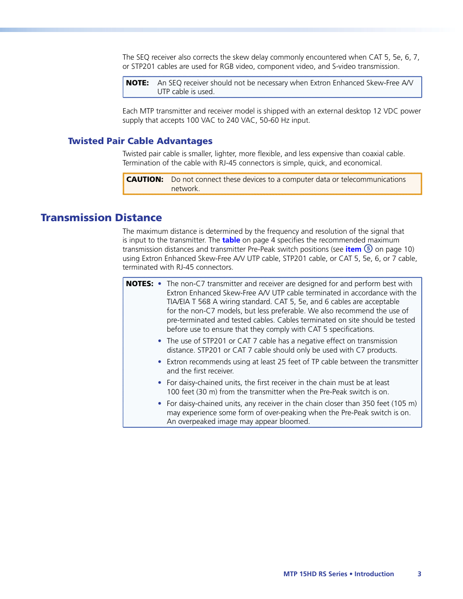 Twisted pair cable advantages, Transmission distance | Extron Electronics MTP 15HD RS Series User Guide Rev. F User Manual | Page 7 / 26