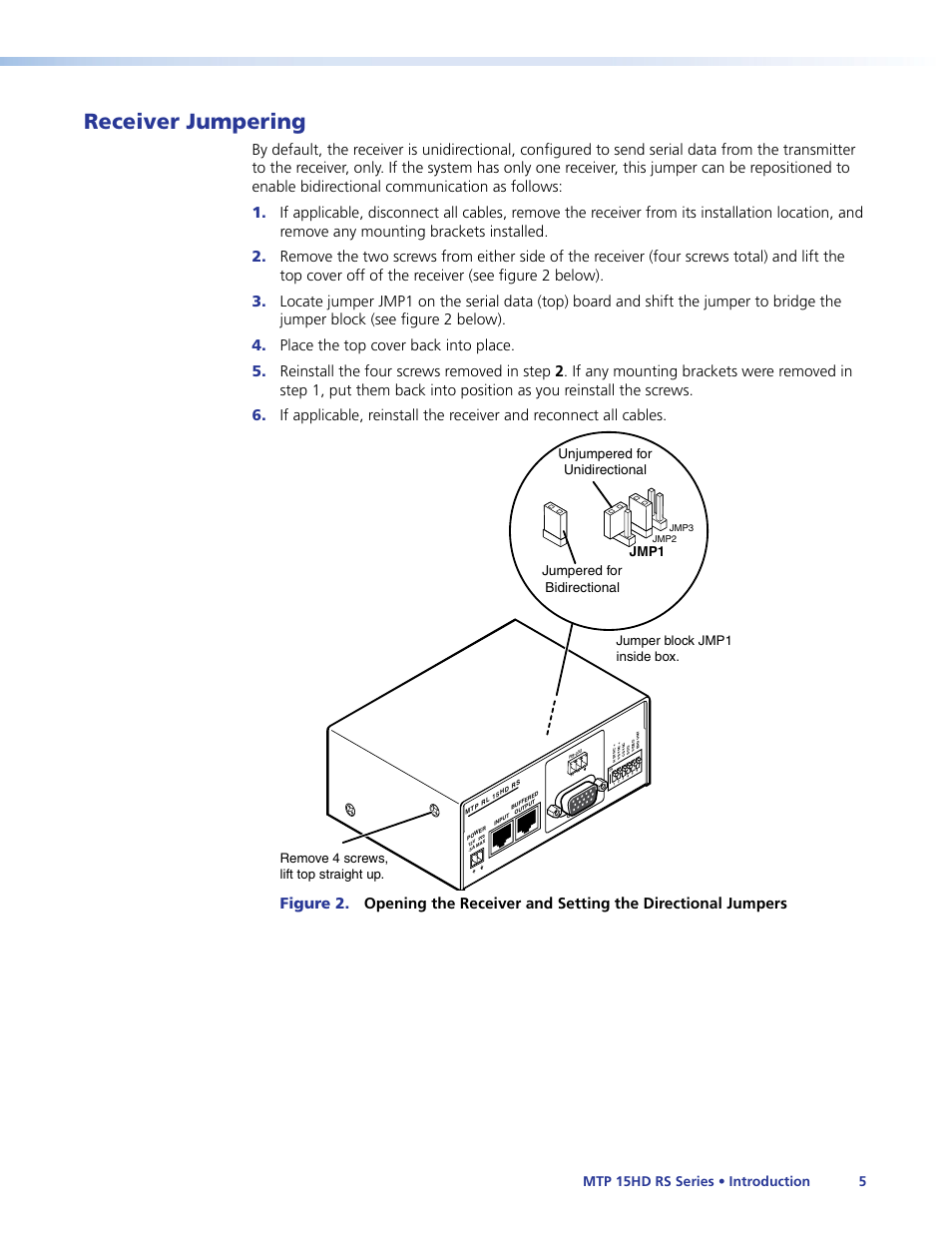 Receiver jumpering, Eceiver (see, Mtp 15hd rs series • introduction 5 | Jumper block jmp1 inside box. jmp1 | Extron Electronics MTP 15HD RS Series User Guide Rev. F User Manual | Page 9 / 26