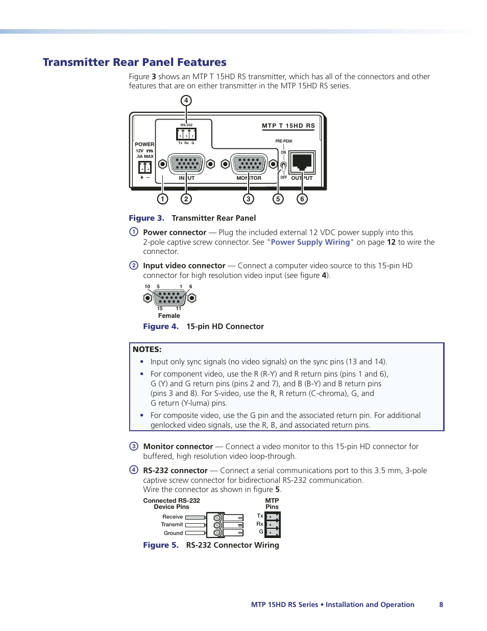 Transmitter rear panel features, Connect the transmitter inputs (see, Transmitter rear panel | Features | Extron Electronics MTP 15HD RS Series User Guide Rev. A User Manual | Page 12 / 24