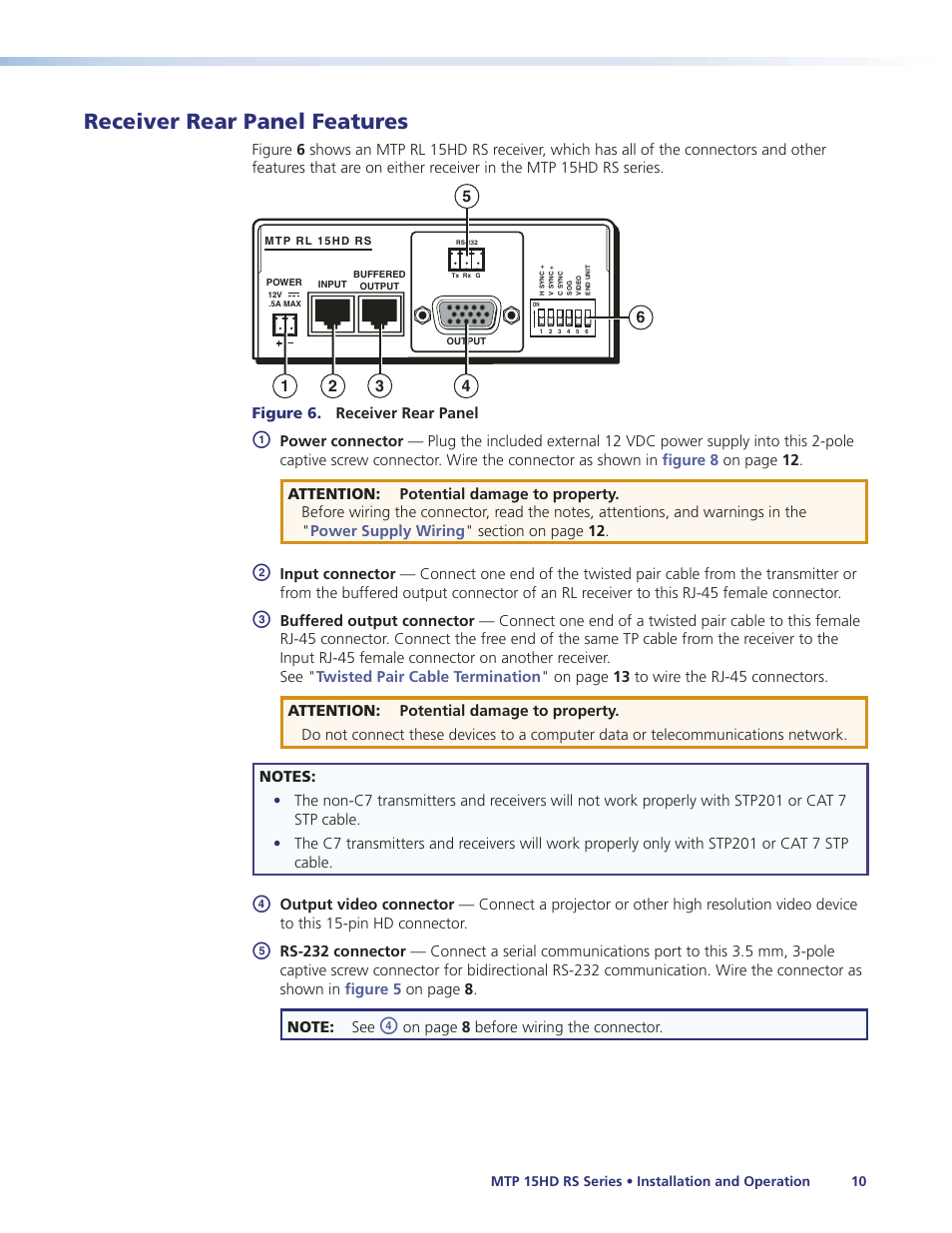 Receiver rear panel features, Eceiver dip switches (see, Receiver panel features | Extron Electronics MTP 15HD RS Series User Guide Rev. A User Manual | Page 14 / 24