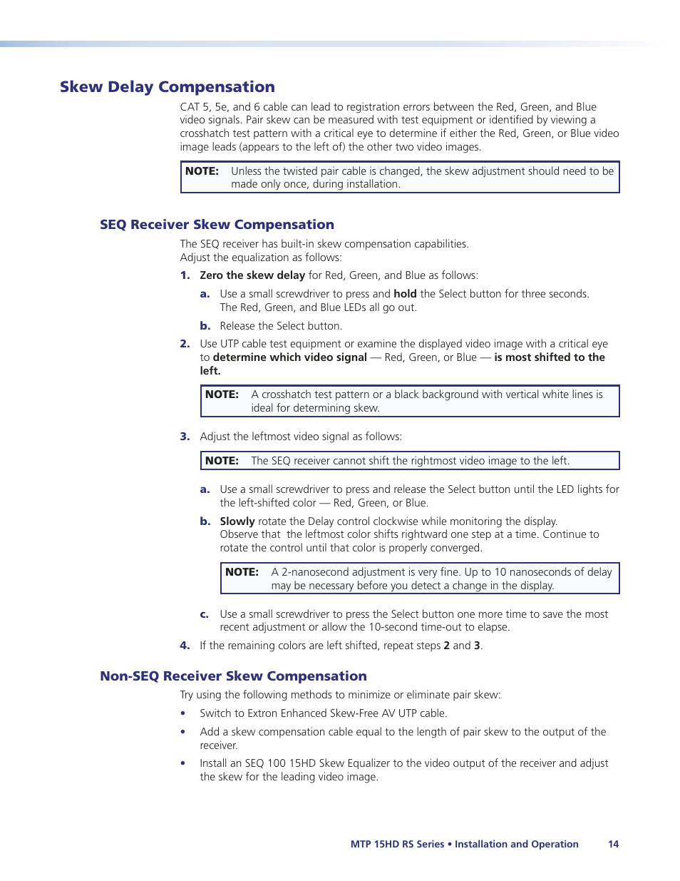 Skew delay compensation, Seq receiver skew compensation, Non-seq receiver skew compensation | Extron Electronics MTP 15HD RS Series User Guide Rev. A User Manual | Page 18 / 24