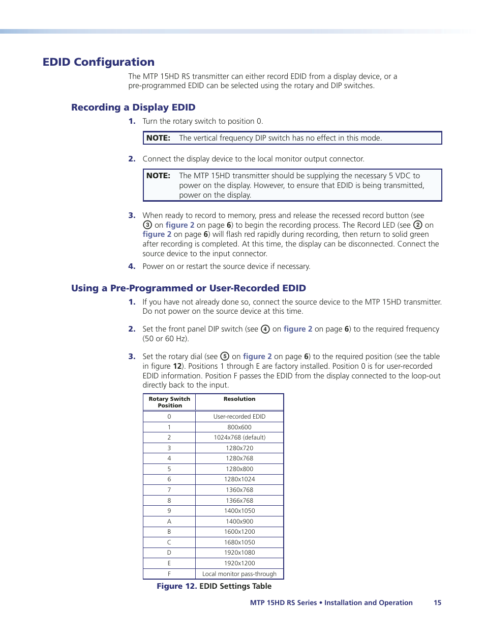 Edid configuration, Recording a display edid, Using a pre-programmed or user-recorded edid | Using a pre-programmed or, User-recorded edid | Extron Electronics MTP 15HD RS Series User Guide Rev. A User Manual | Page 19 / 24