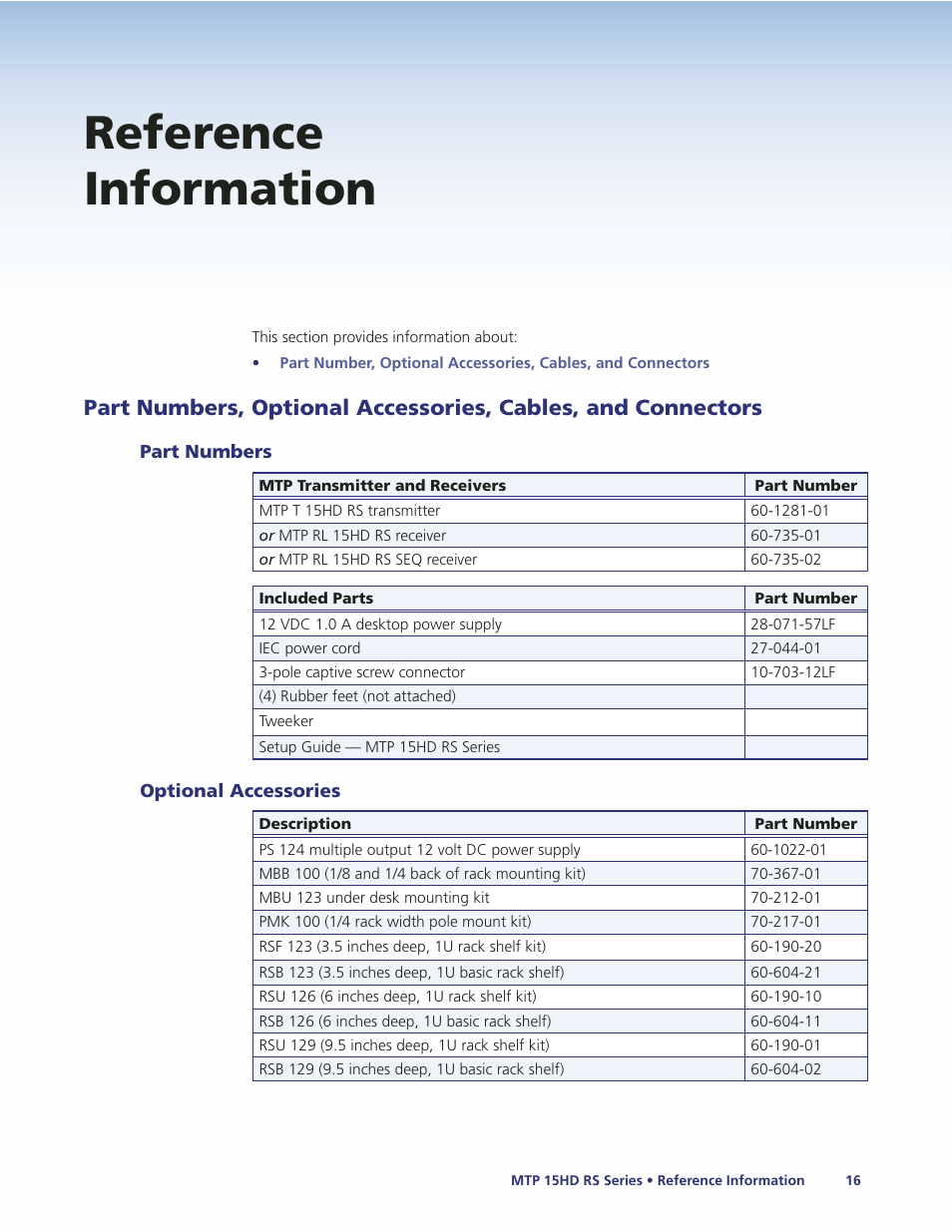 Reference information, Part numbers, Optional accessories | Part numbers, optional accessories, Cables, and connectors | Extron Electronics MTP 15HD RS Series User Guide Rev. A User Manual | Page 20 / 24