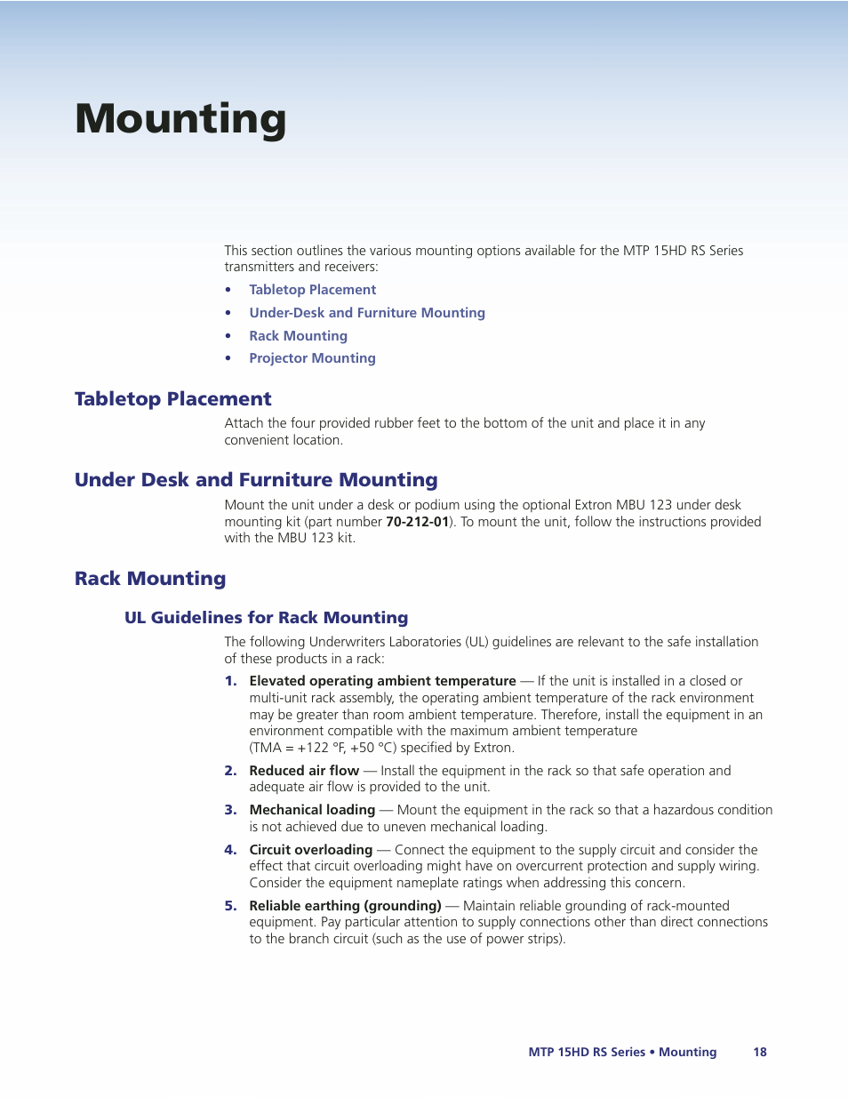 Mounting, Tabletop placement, Under desk and furniture mounting | Rack mounting, Ul guidelines for rack mounting, If applicable, mount the mtps (see | Extron Electronics MTP 15HD RS Series User Guide Rev. A User Manual | Page 22 / 24