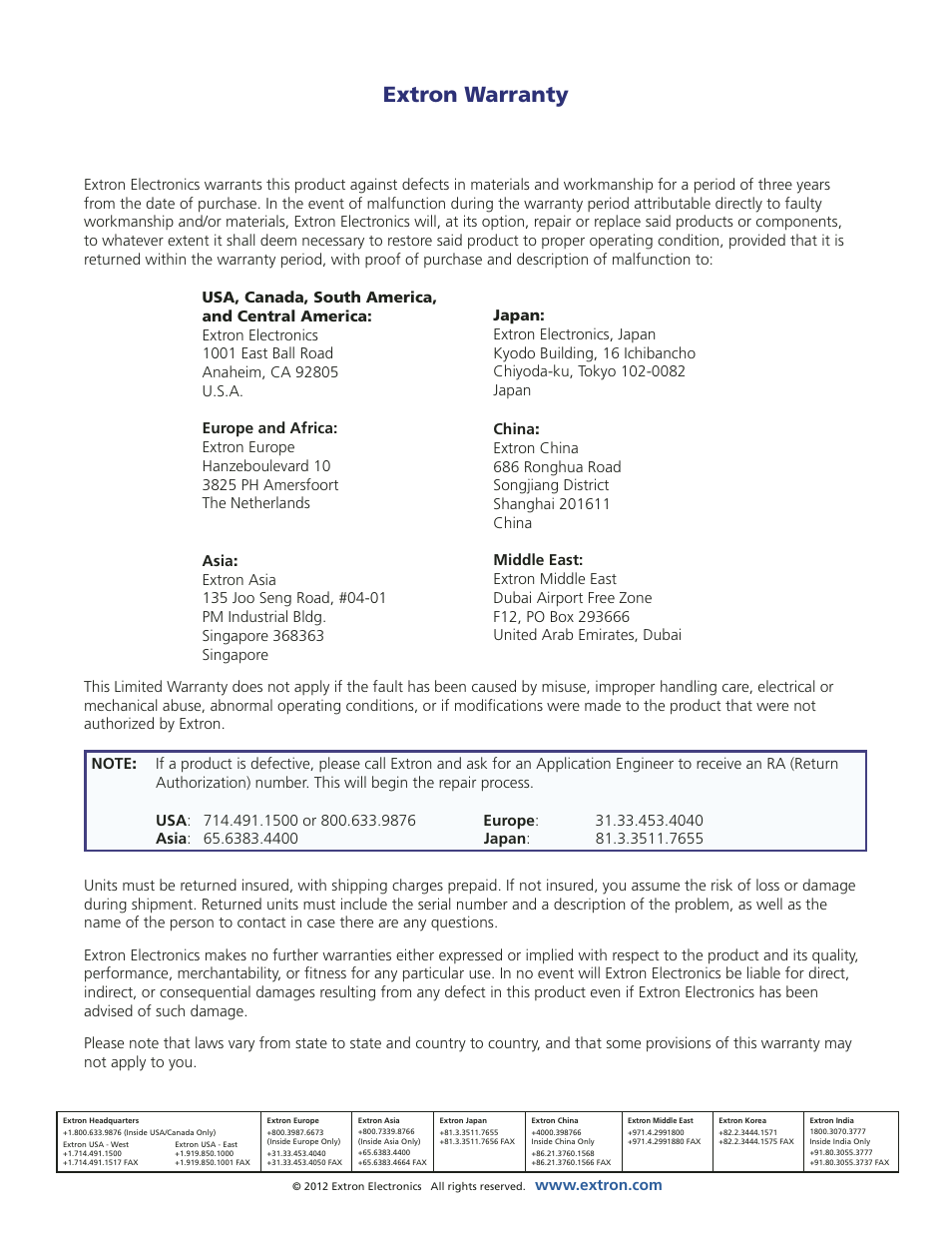 Extron warranty, Contact information extron warranty | Extron Electronics MTP 15HD RS Series User Guide Rev. A User Manual | Page 24 / 24