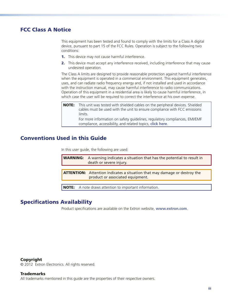 Fcc class a notice, Conventions used in this guide, Specifications availability | Extron Electronics MTP 15HD RS Series User Guide Rev. A User Manual | Page 3 / 24