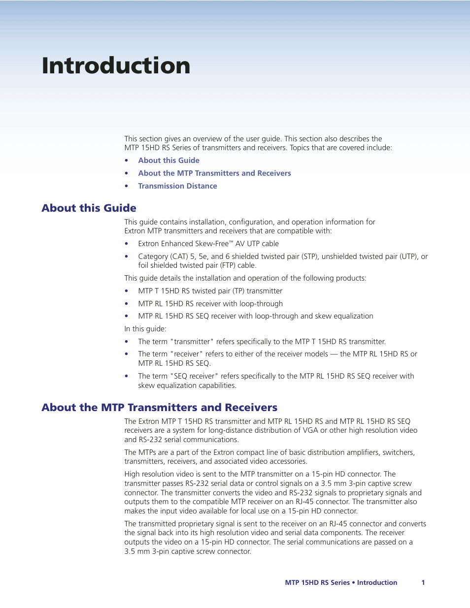 Introduction, About this guide, About the mtp transmitters and receivers | Extron Electronics MTP 15HD RS Series User Guide Rev. A User Manual | Page 5 / 24