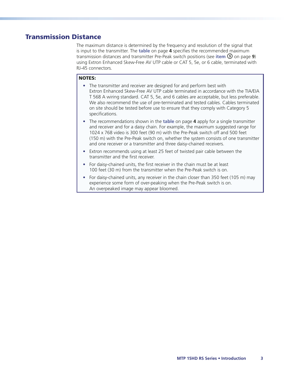 Transmission distance | Extron Electronics MTP 15HD RS Series User Guide Rev. A User Manual | Page 7 / 24