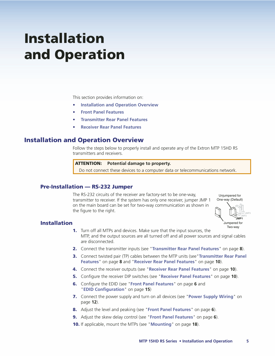 Installation and operation, Installation and operation overview, Pre-installation — rs-232 jumper | Installation, And operation, Ecommendations shown in the, Table | Extron Electronics MTP 15HD RS Series User Guide Rev. A User Manual | Page 9 / 24