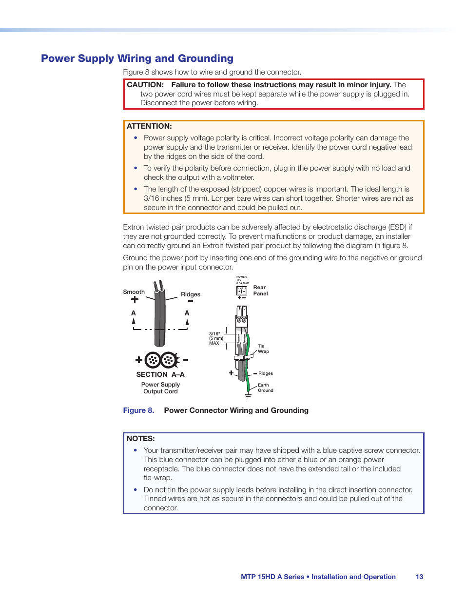 Power supply wiring and grounding, N on all devices (see, Power supply wiring | Ew connector (see | Extron Electronics MTP 15HD A Series User Guide Rev. C User Manual | Page 18 / 25