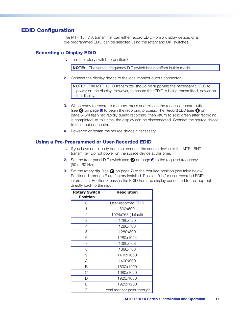 Edid configuration, Recording a display edid, Using a pre-programmed or user-recorded edid | Recording a display edid using a pre-programmed or, User-recorded edid | Extron Electronics MTP 15HD A Series User Guide Rev. C User Manual | Page 22 / 25