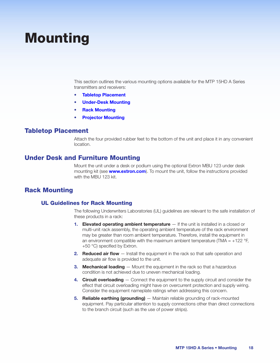 Mounting, Tabletop placement, Under desk and furniture mounting | Rack mounting, Ul guidelines for rack mounting | Extron Electronics MTP 15HD A Series User Guide Rev. C User Manual | Page 23 / 25