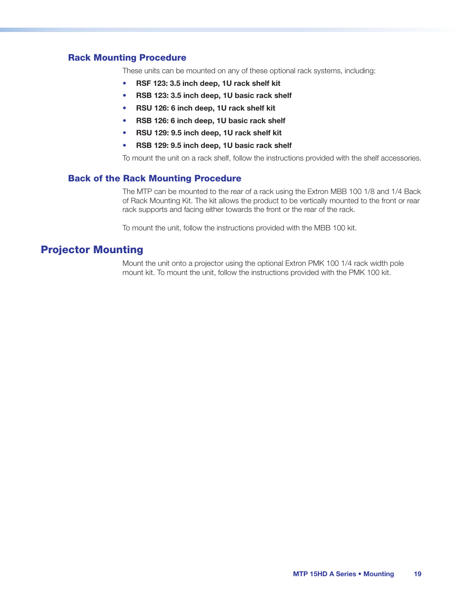 Rack mounting procedure, Back of the rack mounting procedure, Projector mounting | Extron Electronics MTP 15HD A Series User Guide Rev. C User Manual | Page 24 / 25