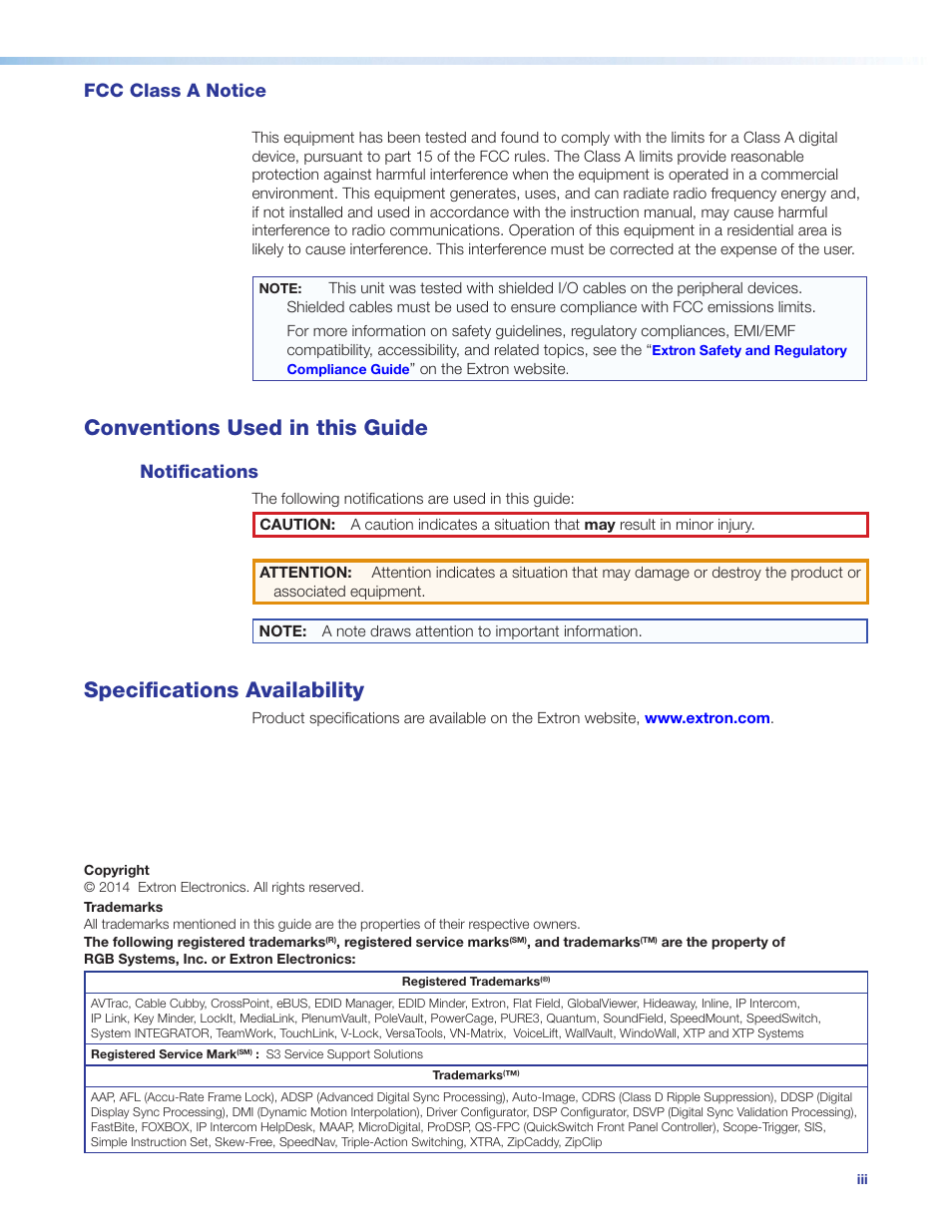 Fcc class a notice, Conventions used in this guide, Notifications | Specifications availability | Extron Electronics MTP 15HD A Series User Guide Rev. C User Manual | Page 3 / 25