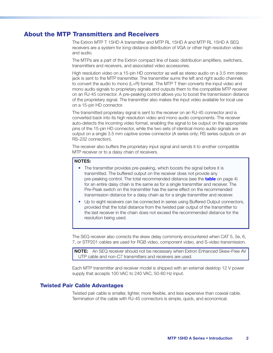 About the mtp transmitters and receivers, Twisted pair cable advantages | Extron Electronics MTP 15HD A Series User Guide Rev. C User Manual | Page 7 / 25