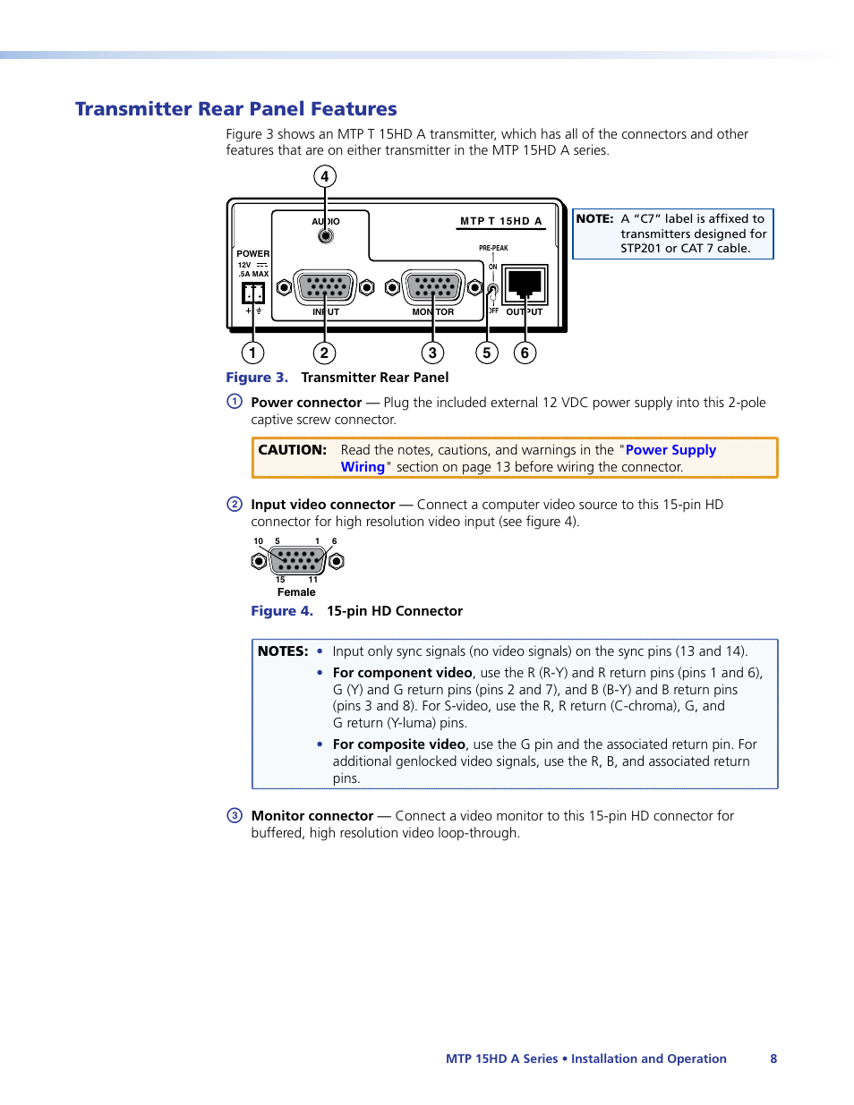 Transmitter rear panel features, Connect the transmitter inputs (see, Transmitter rear panel | Features | Extron Electronics MTP 15HD A Series User Guide Rev. F User Manual | Page 12 / 26