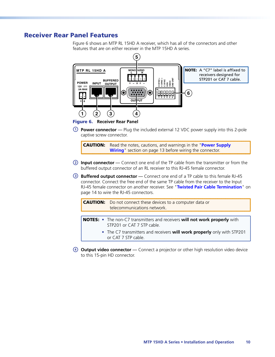 Receiver rear panel features, Eceiver dip switches (see | Extron Electronics MTP 15HD A Series User Guide Rev. F User Manual | Page 14 / 26