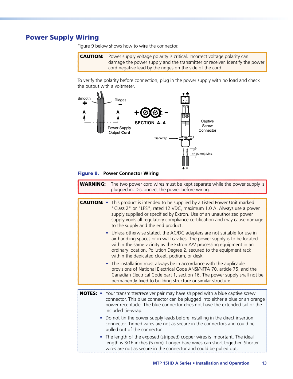 Power supply wiring, N on all devices (see, Nings in the | Power supply, Wiring | Extron Electronics MTP 15HD A Series User Guide Rev. F User Manual | Page 17 / 26