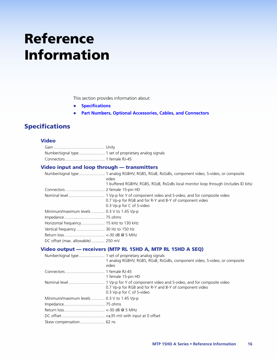 Reference information, Specifications | Extron Electronics MTP 15HD A Series User Guide Rev. F User Manual | Page 20 / 26