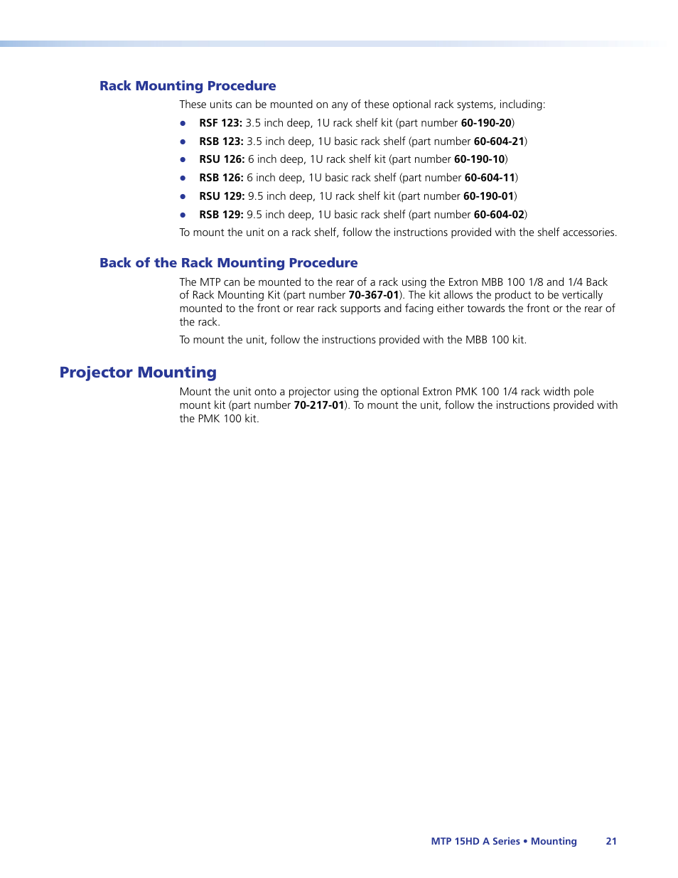 Rack mounting procedure, Back of the rack mounting procedure, Projector mounting | Extron Electronics MTP 15HD A Series User Guide Rev. F User Manual | Page 25 / 26