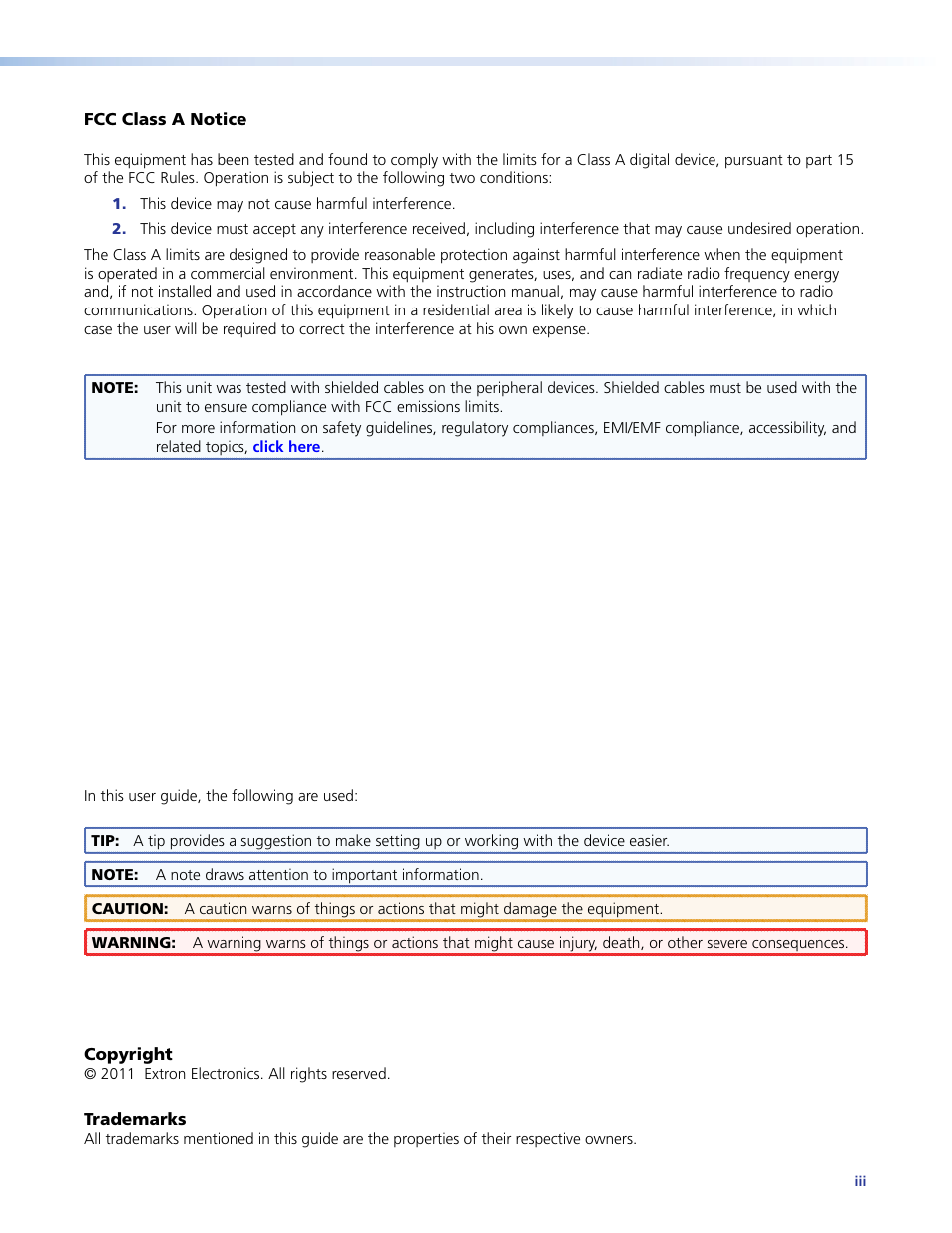Fcc information | Extron Electronics MTP 15HD A Series User Guide Rev. F User Manual | Page 3 / 26