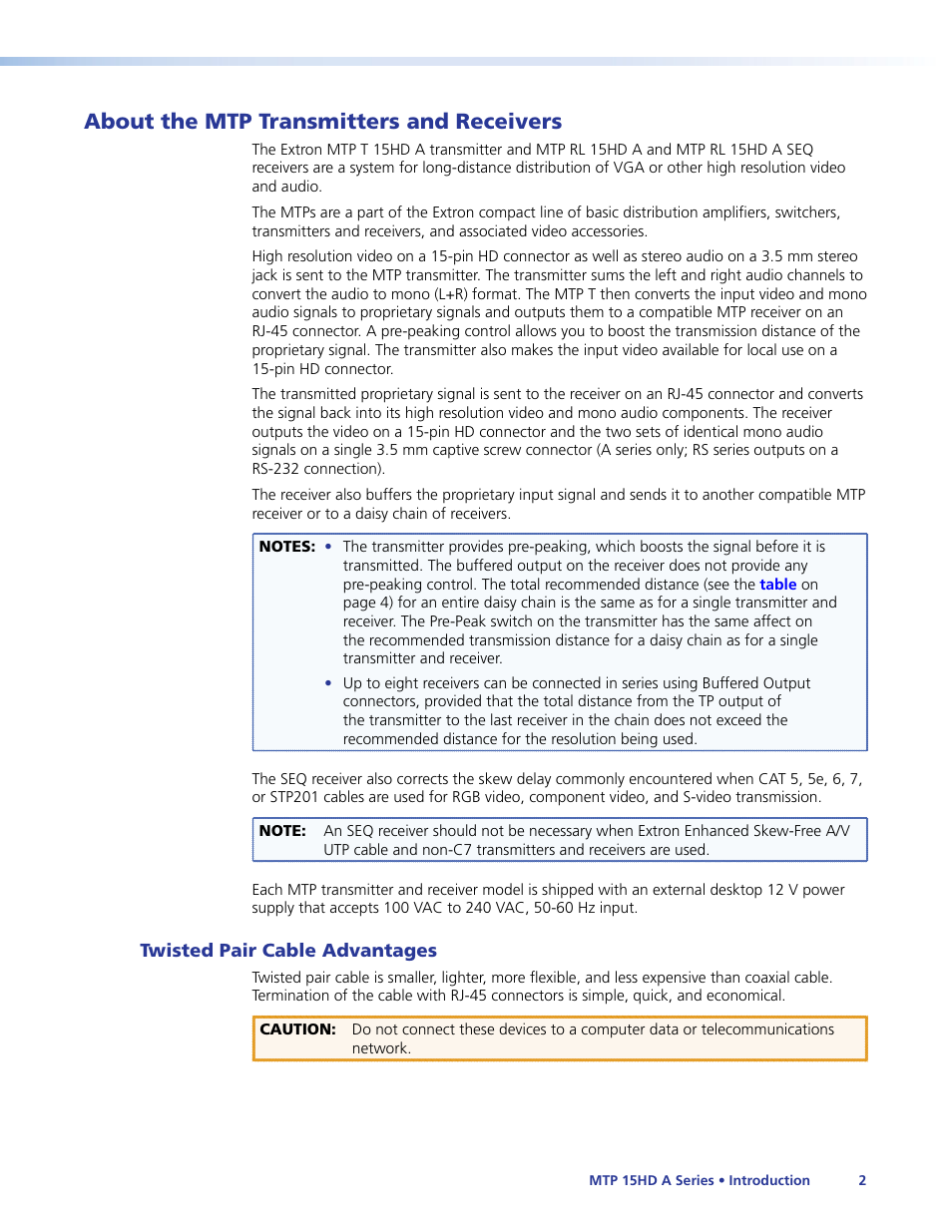 About the mtp transmitters and receivers, Twisted pair cable advantages | Extron Electronics MTP 15HD A Series User Guide Rev. F User Manual | Page 6 / 26
