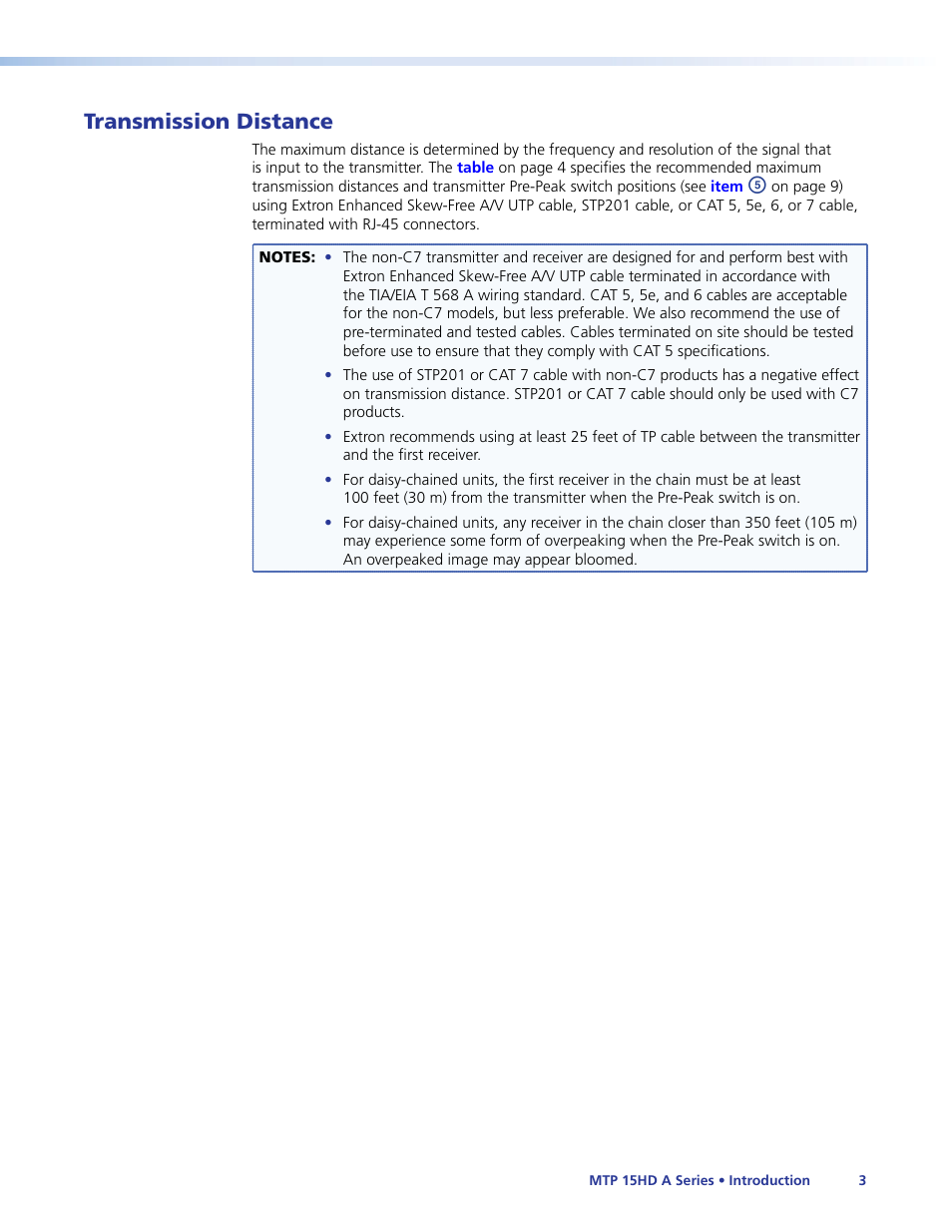 Transmission distance | Extron Electronics MTP 15HD A Series User Guide Rev. F User Manual | Page 7 / 26