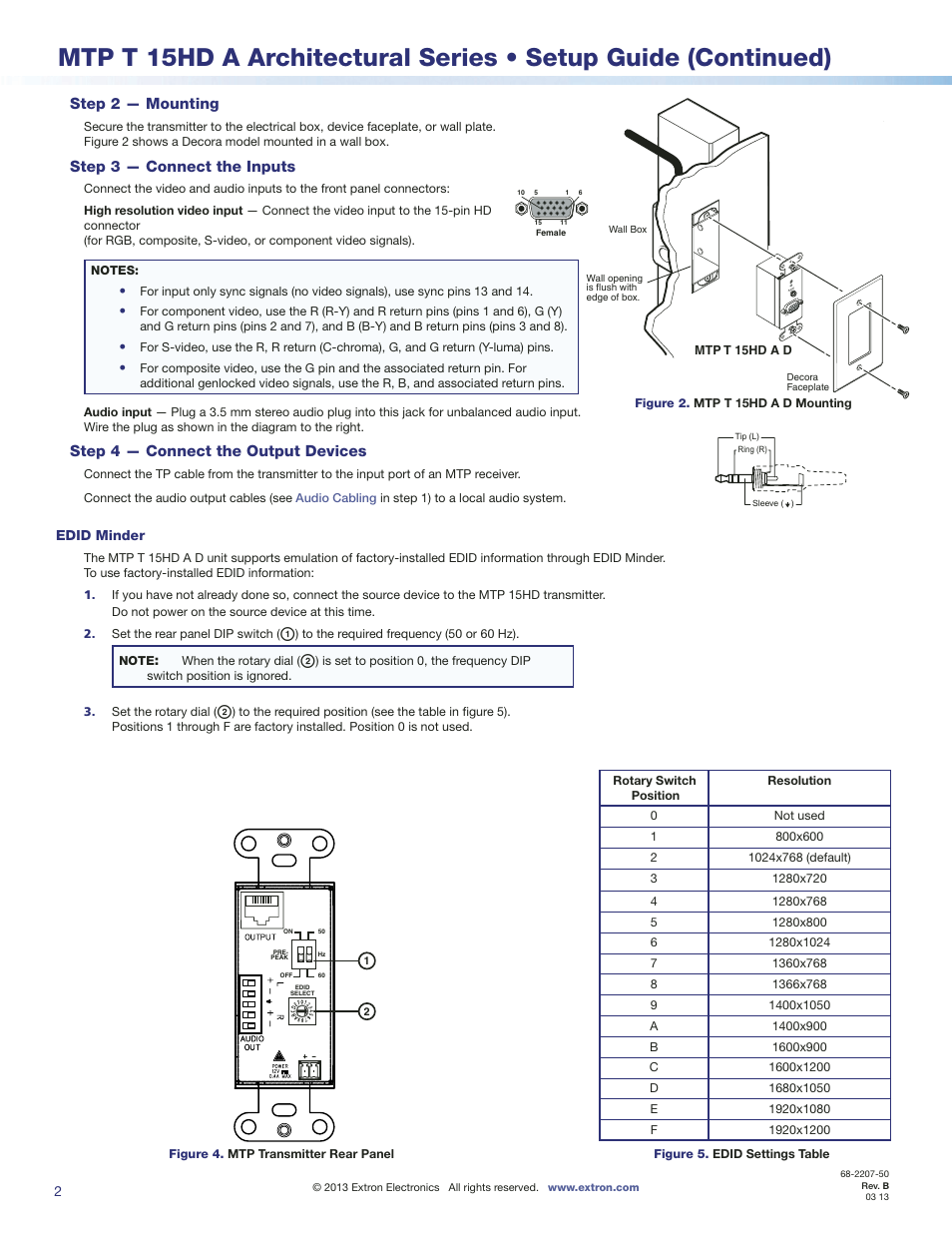 Step 2 — mounting, Step 3 — connect the inputs, Step 4 — connect the output devices | Extron Electronics MTP T 15HD A Architectural Series Setup Guide User Manual | Page 2 / 2