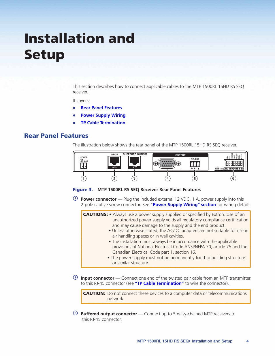 Installation and setup, Rear panel features | Extron Electronics MTP 1500RL 15HD RS SEQ User Guide User Manual | Page 10 / 22