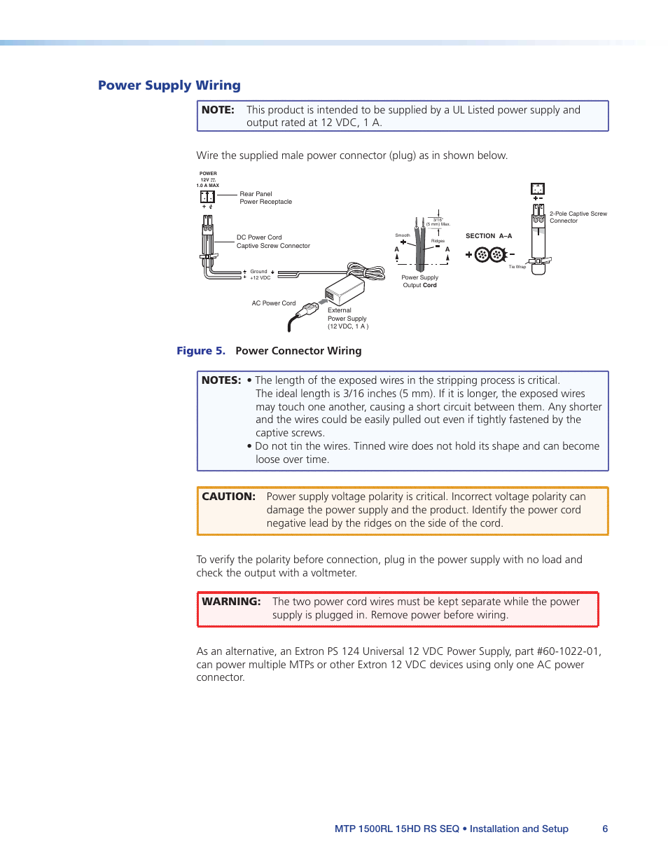 Power supply wiring, Power supply wiring” section | Extron Electronics MTP 1500RL 15HD RS SEQ User Guide User Manual | Page 12 / 22