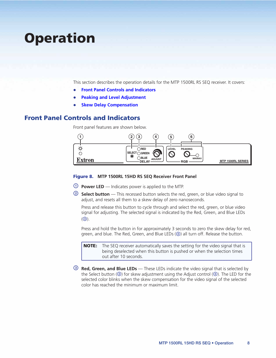 Operation, Front panel controls and indicators | Extron Electronics MTP 1500RL 15HD RS SEQ User Guide User Manual | Page 14 / 22