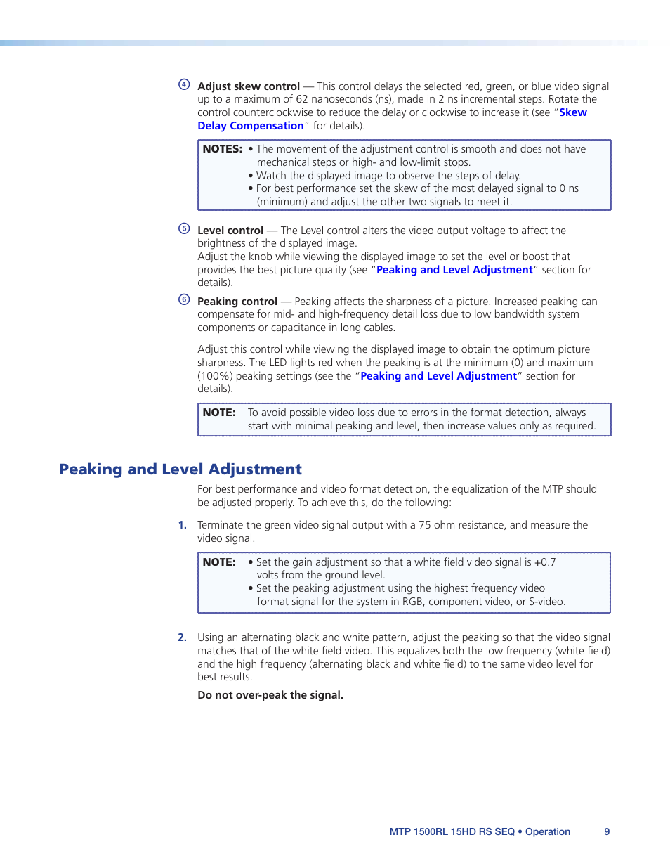 Peaking and level adjustment | Extron Electronics MTP 1500RL 15HD RS SEQ User Guide User Manual | Page 15 / 22