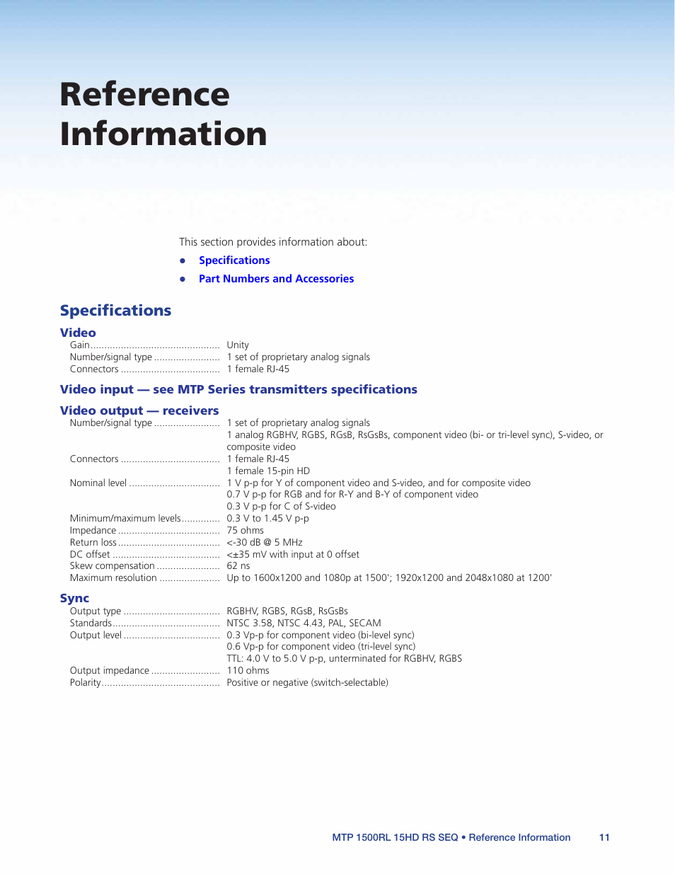 Reference information, Specifications | Extron Electronics MTP 1500RL 15HD RS SEQ User Guide User Manual | Page 17 / 22