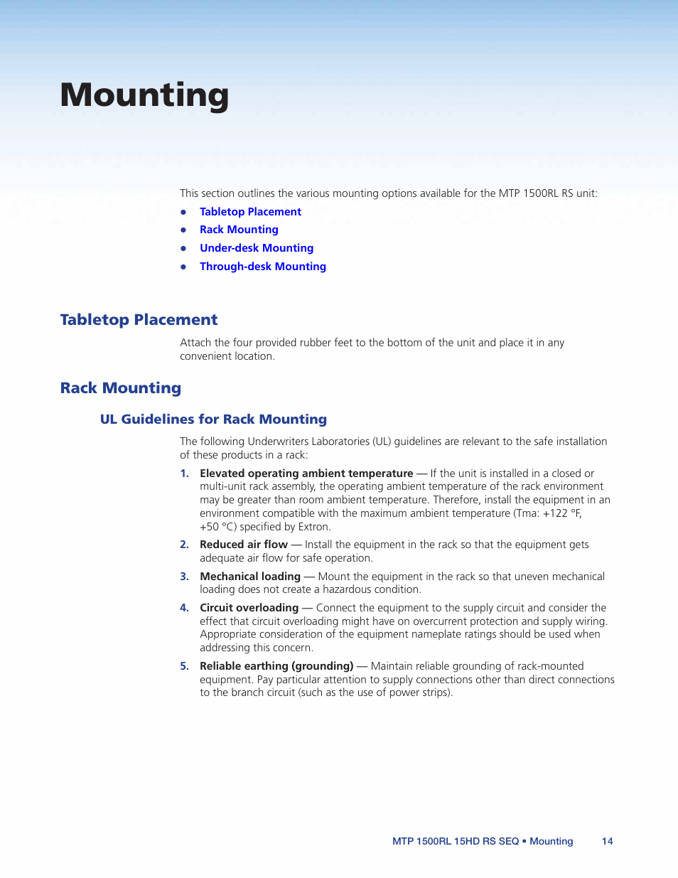 Mounting, Tabletop placement, Rack mounting | Ul guidelines for rack mounting, Tabletop placement rack mounting | Extron Electronics MTP 1500RL 15HD RS SEQ User Guide User Manual | Page 20 / 22
