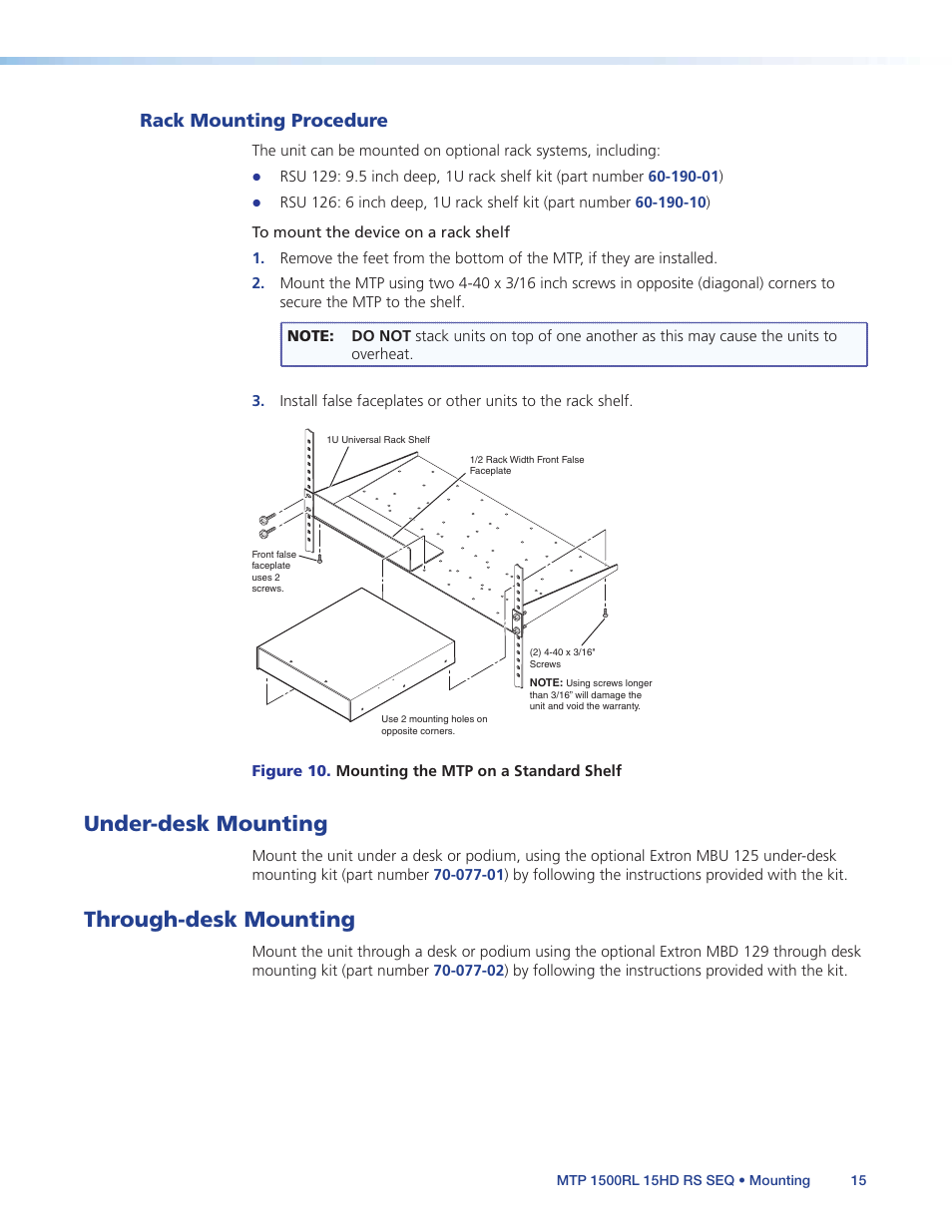Rack mounting procedure, Under-desk mounting, Through-desk mounting | Under-desk mounting through-desk mounting | Extron Electronics MTP 1500RL 15HD RS SEQ User Guide User Manual | Page 21 / 22