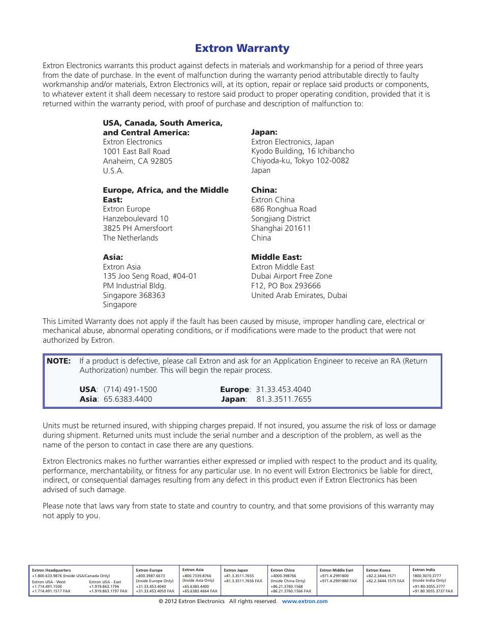 Warranty, Contact information, Warranty contact information | Extron warranty | Extron Electronics MTP 1500RL 15HD RS SEQ User Guide User Manual | Page 22 / 22