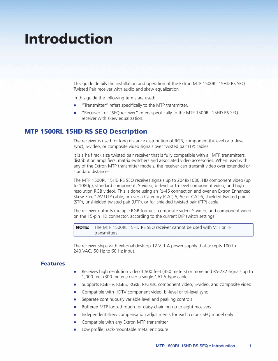 Introduction, Mtp 1500rl 15hd rs seq description, Features | Extron Electronics MTP 1500RL 15HD RS SEQ User Guide User Manual | Page 7 / 22