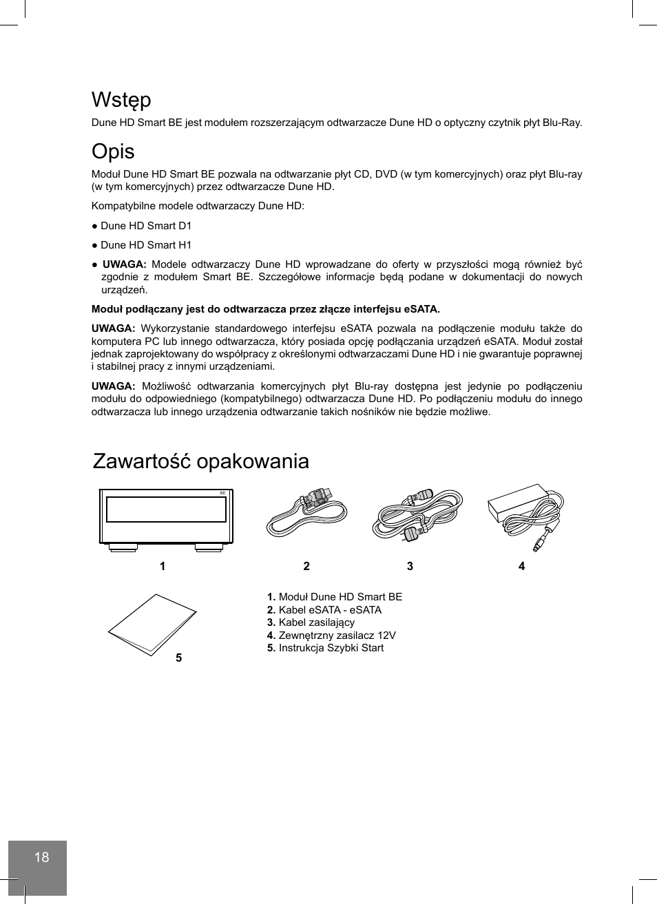 Wstęp, Opis, Zawartość opakowania | DUNE Smart BE User Manual | Page 18 / 20