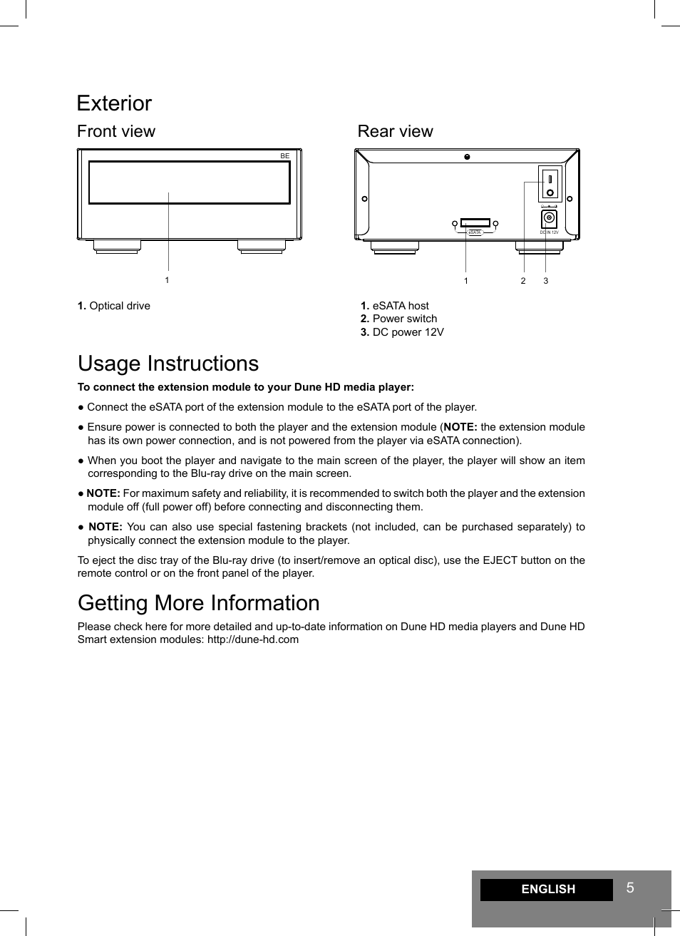 Exterior, Usage instructions, Getting more information | Front view, Rear view | DUNE Smart BE User Manual | Page 5 / 20