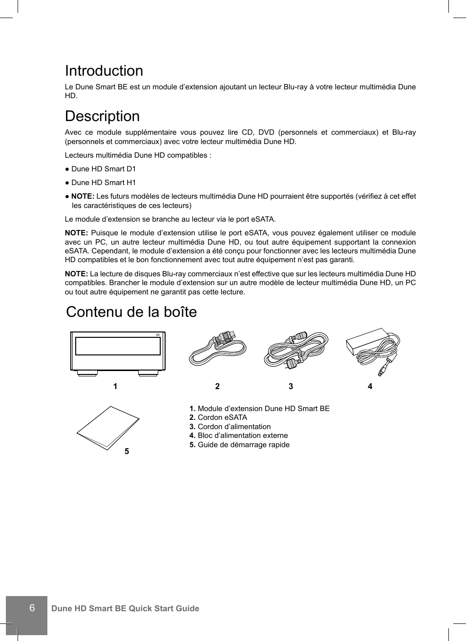 Introduction, Description, Contenu de la boîte | DUNE Smart BE User Manual | Page 6 / 20