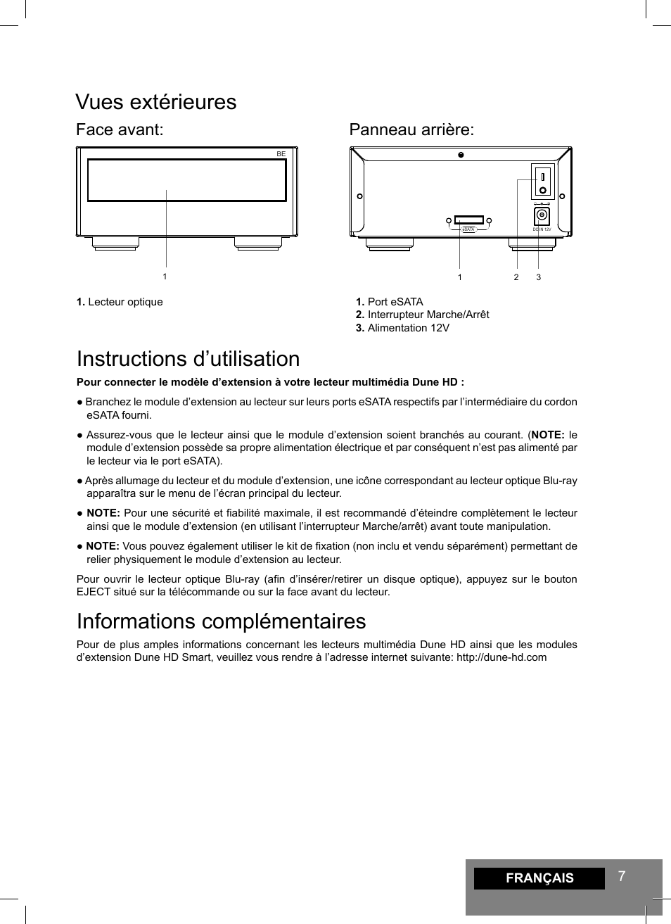 Vues extérieures, Instructions d’utilisation, Informations complémentaires | Face avant, Panneau arrière | DUNE Smart BE User Manual | Page 7 / 20