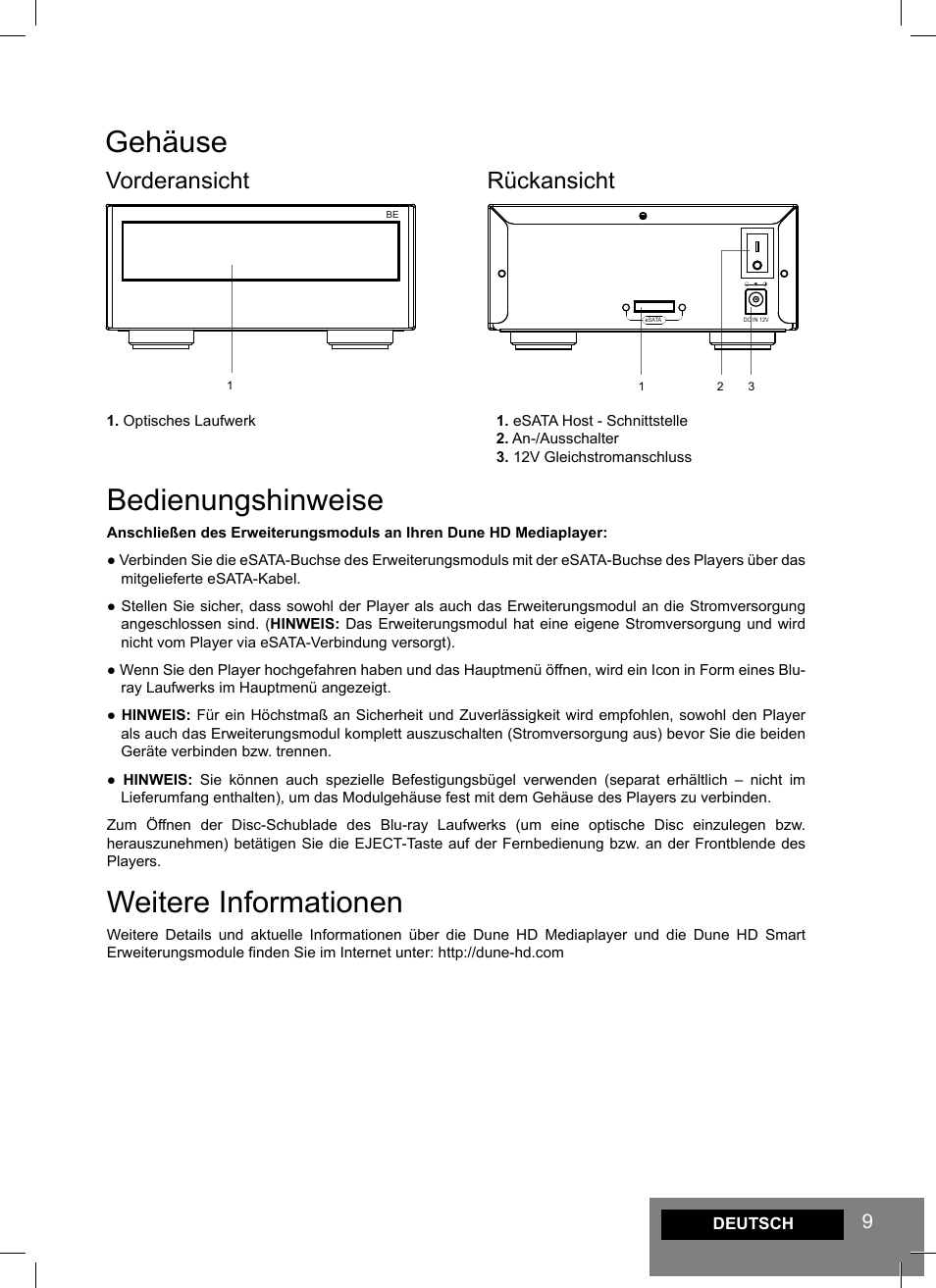 Gehäuse, Bedienungshinweise, Weitere informationen | Vorderansicht, Rückansicht | DUNE Smart BE User Manual | Page 9 / 20