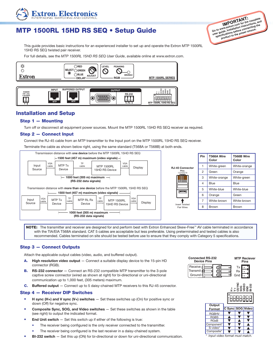Extron Electronics MTP 1500RL 15HD RS SEQ Setup Guide User Manual | 2 pages