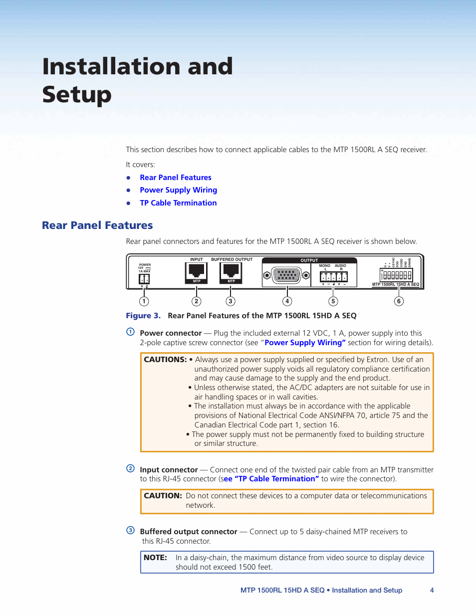 Installation and setup, Rear panel features | Extron Electronics MTP 1500RL 15HD A SEQ User Guide User Manual | Page 10 / 22