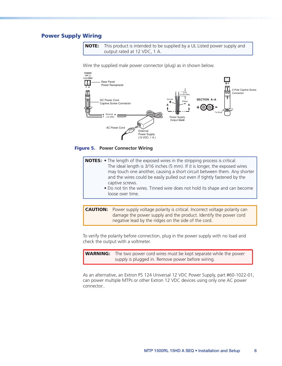 Power supply wiring, Section | Extron Electronics MTP 1500RL 15HD A SEQ User Guide User Manual | Page 12 / 22