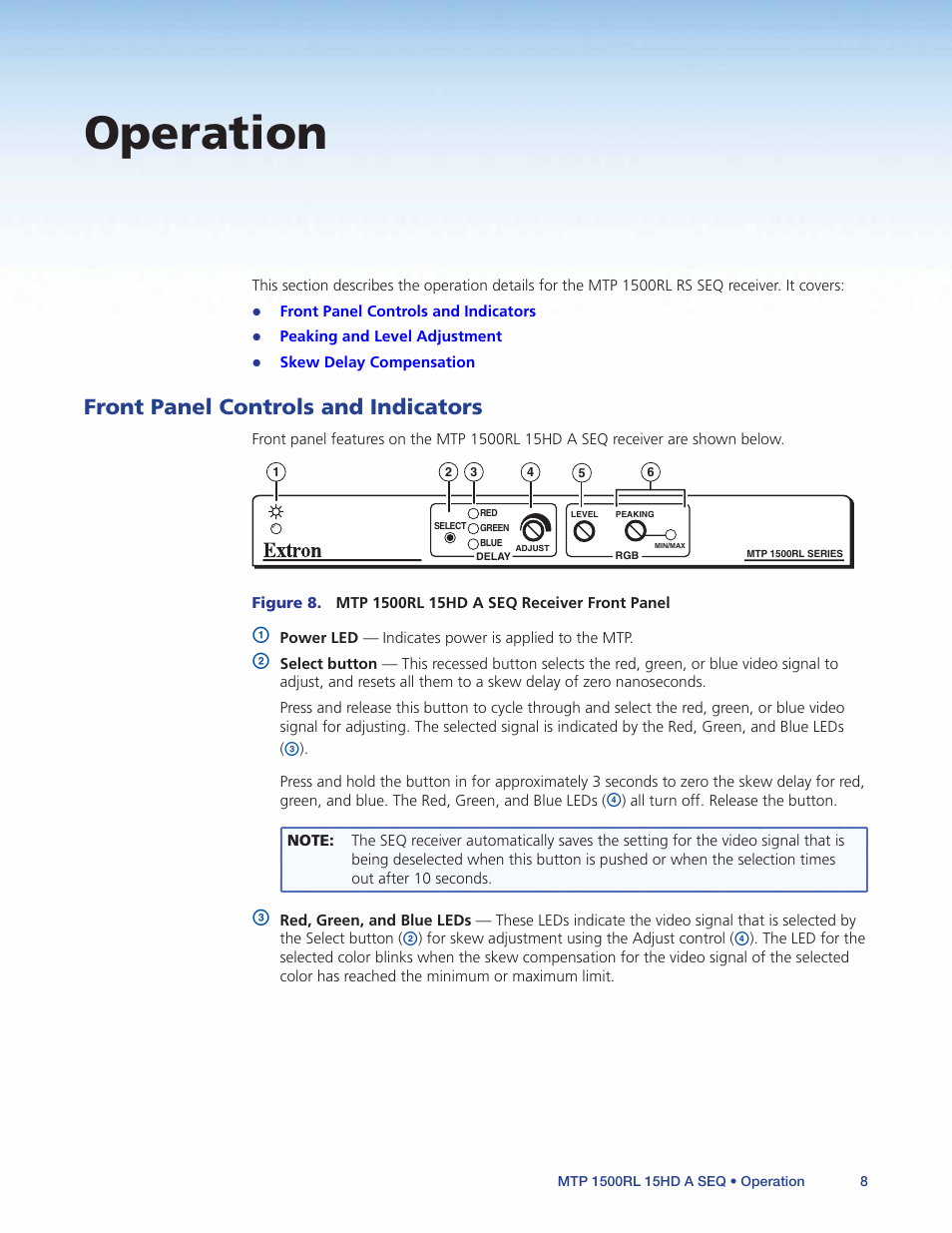 Operation, Front panel controls and indicators | Extron Electronics MTP 1500RL 15HD A SEQ User Guide User Manual | Page 14 / 22